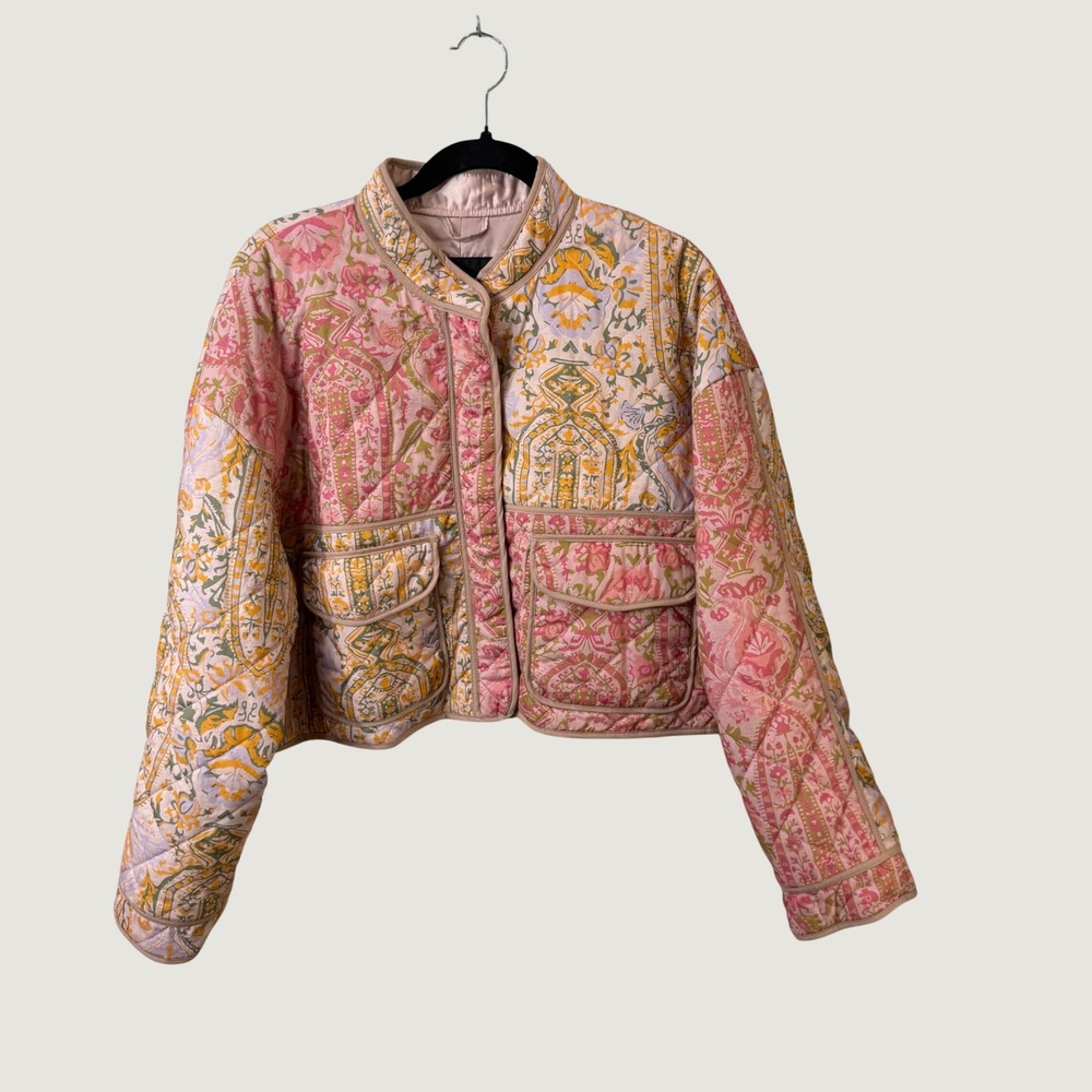 7 For All Mankind Quilted Patchwork Jacket Pink Yellow Paisley Size L Boho Y2K